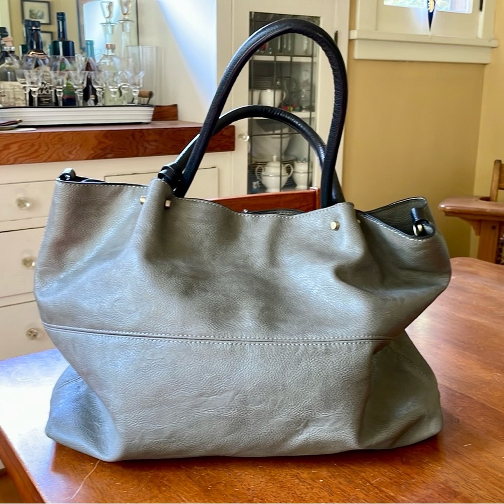 Large Gray PU Leather Tote with Brass Style Hardware and Removable Insert